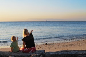 mom and child at beach