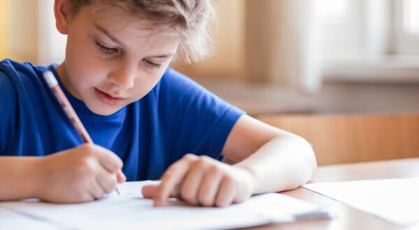 Young boy writing in book