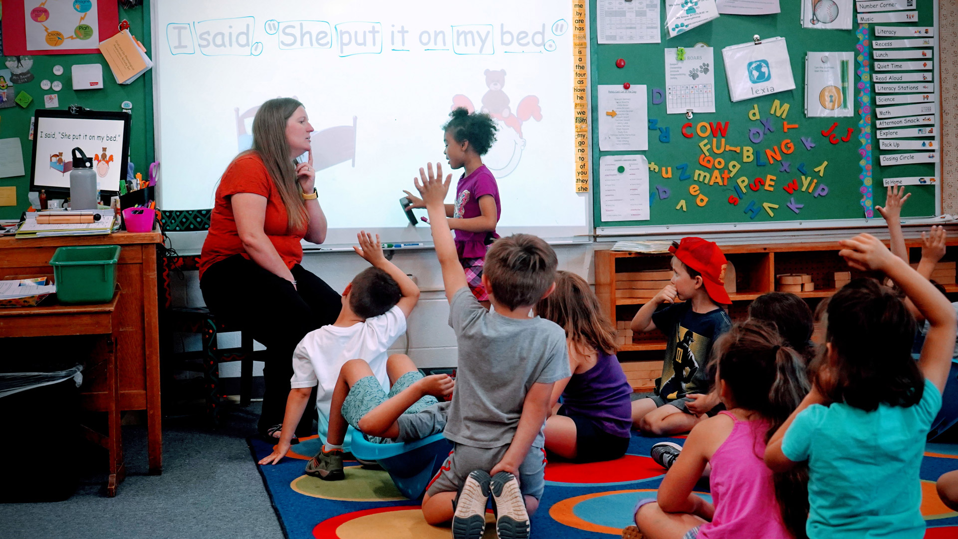 A teacher at Vergennes Union Elementary School conducts an Orton-Gillingham lesson with her students.