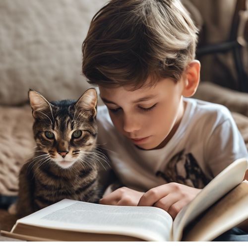 boy reading with cat