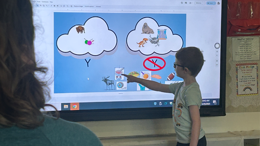 Boy student at classroom monitor